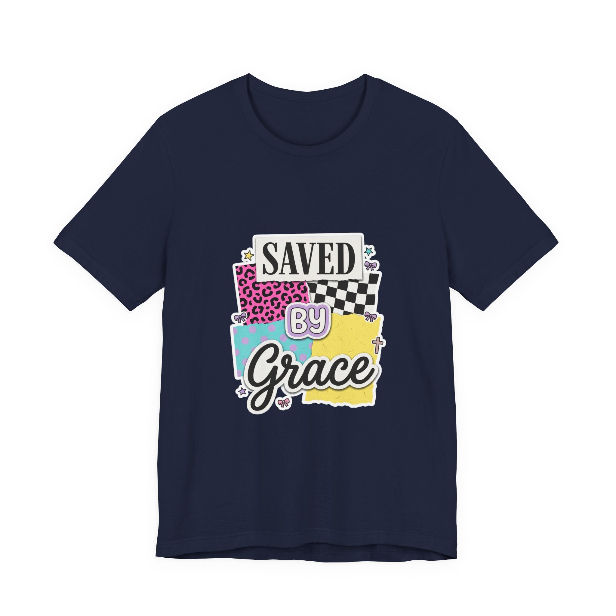 Saved by Grace Tee | Christian Rainbow Script, Playful Mixed-Font Faith Shirt