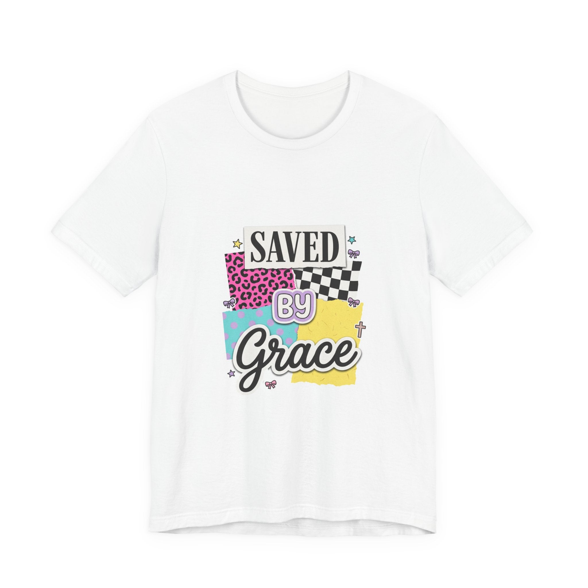 Saved by Grace Tee | Christian Rainbow Script, Playful Mixed-Font Faith Shirt