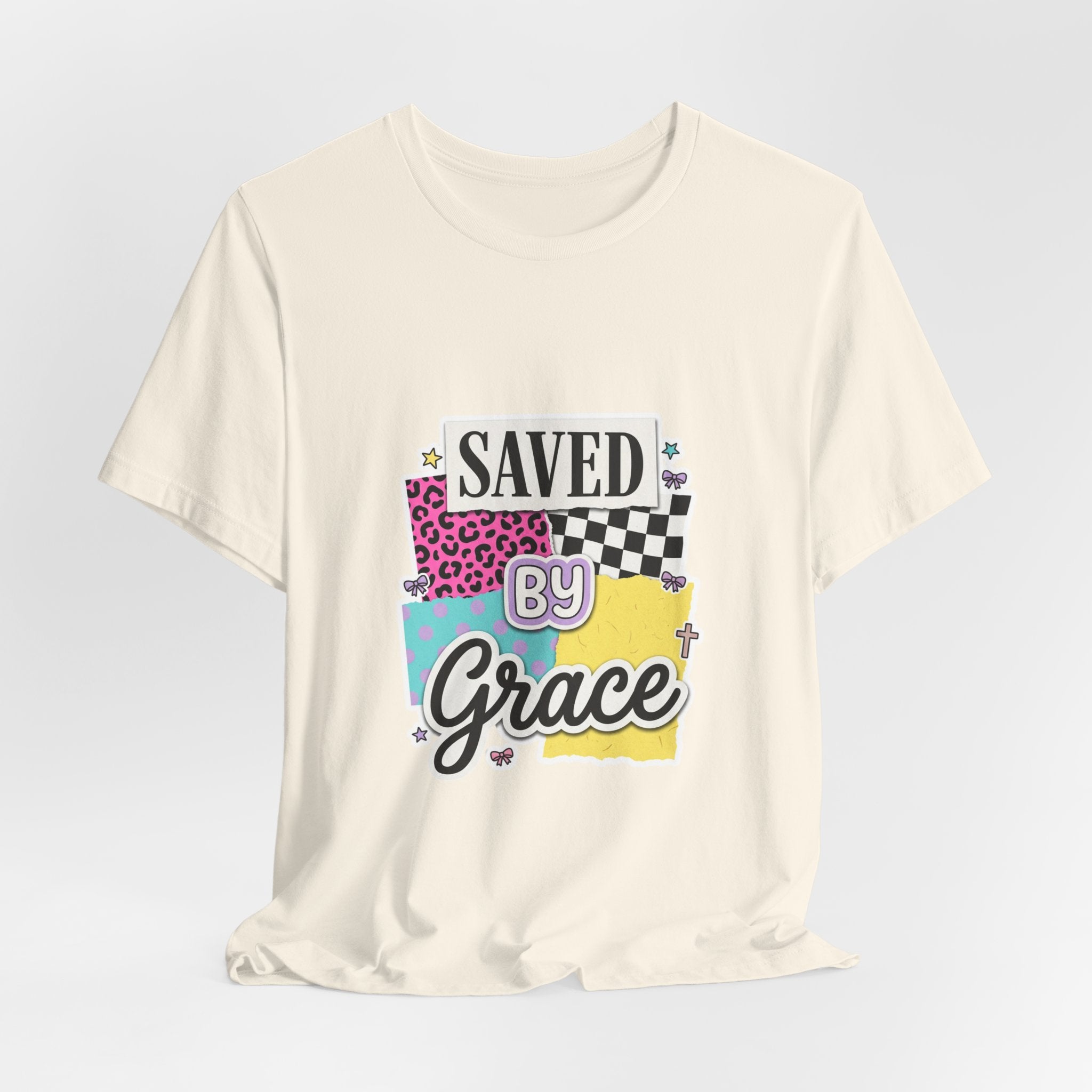 Saved by Grace Tee | Christian Rainbow Script, Playful Mixed-Font Faith Shirt