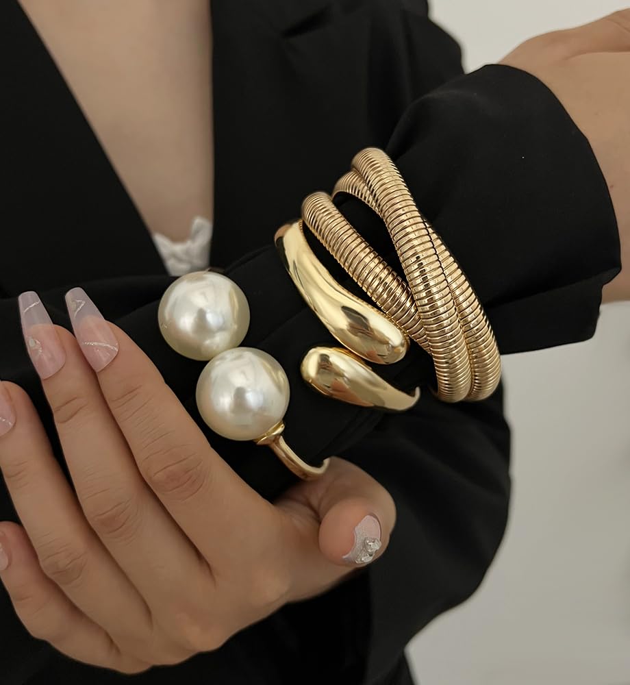 Chunky Gold Bangle Bracelets for Women, Dainty 14k Gold Plated Big Stackable Bangles Set, Trendy Statement Cuff Bracelet Stack Fashion Jewelry Gifts