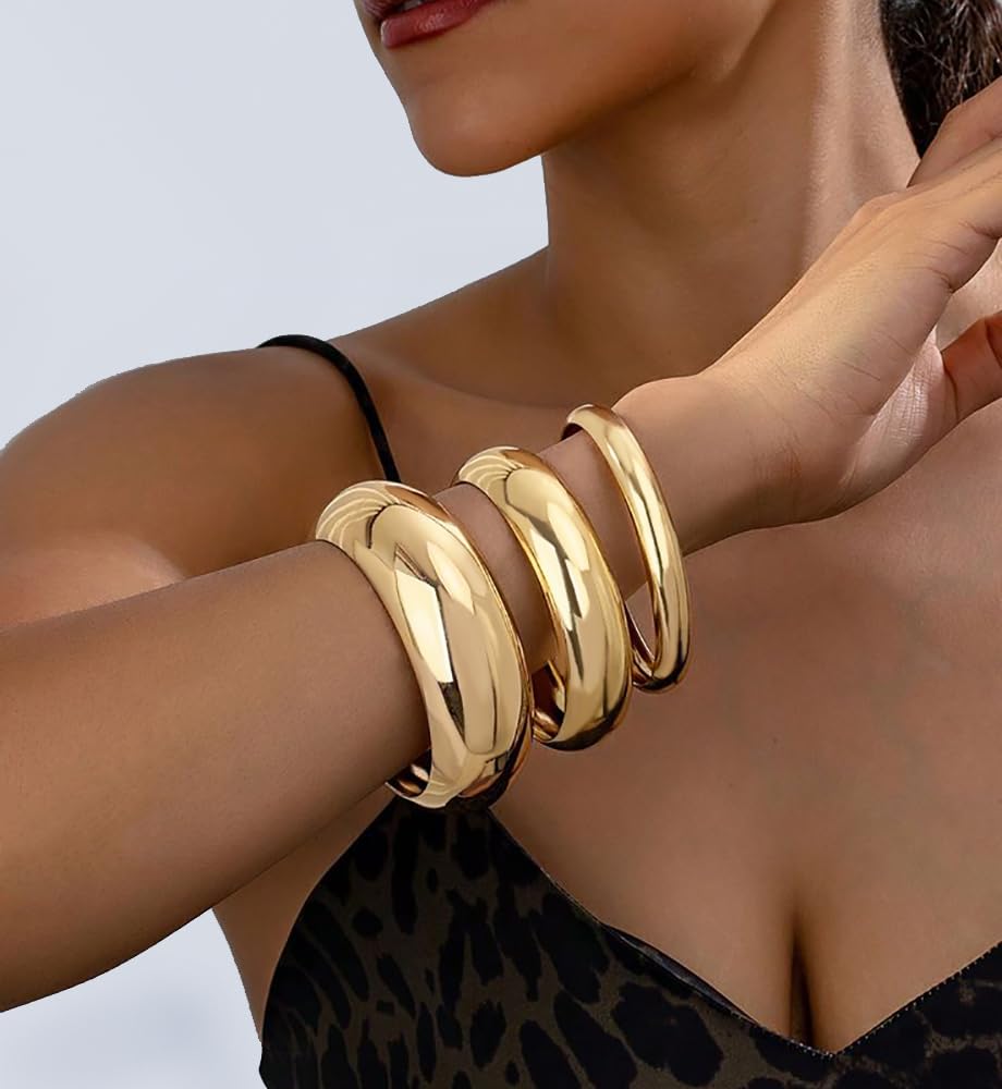 Chunky Gold Bangle Bracelets for Women, Dainty 14k Gold Plated Big Stackable Bangles Set, Trendy Statement Cuff Bracelet Stack Fashion Jewelry Gifts