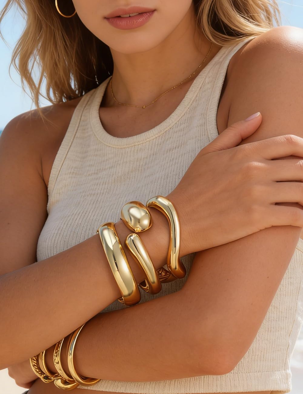 Chunky Gold Bangle Bracelets for Women, Dainty 14k Gold Plated Big Stackable Bangles Set, Trendy Statement Cuff Bracelet Stack Fashion Jewelry Gifts