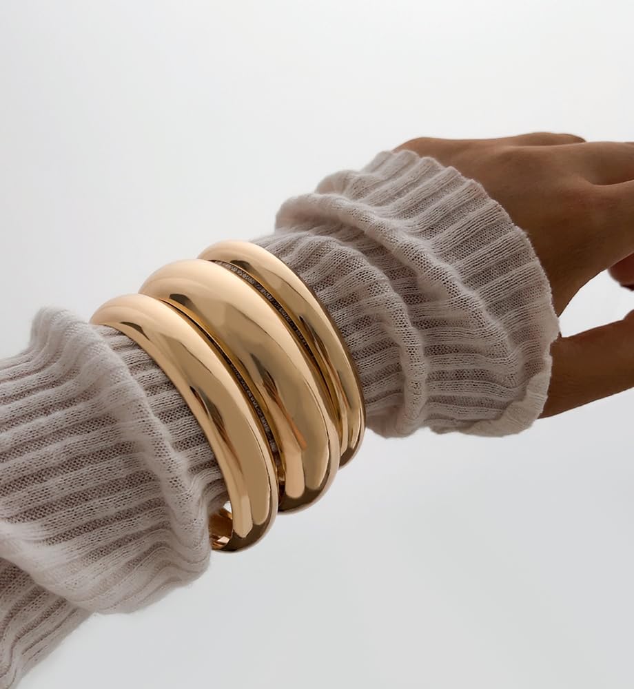 Chunky Gold Bangle Bracelets for Women, Dainty 14k Gold Plated Big Stackable Bangles Set, Trendy Statement Cuff Bracelet Stack Fashion Jewelry Gifts