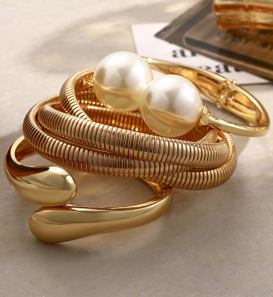 Chunky Gold Bangle Bracelets for Women, Dainty 14k Gold Plated Big Stackable Bangles Set, Trendy Statement Cuff Bracelet Stack Fashion Jewelry Gifts