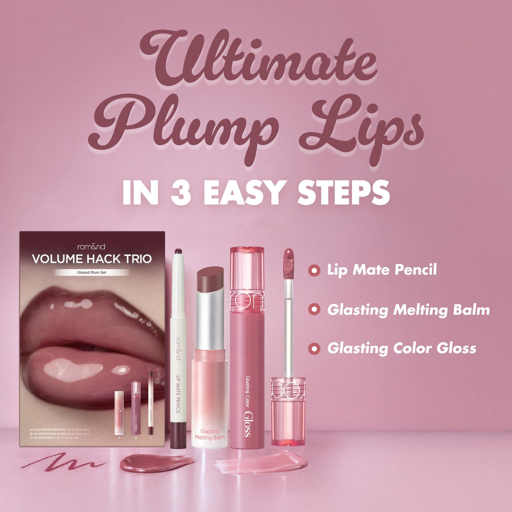 rom&nd Volume Hack Trio | 3-Step Plumping Lip Combo Set | Korean Lip Kit | Hydrated & Glossy Look | Trending on TikTok | Fuller Looking Finish | Sweet Fig Set