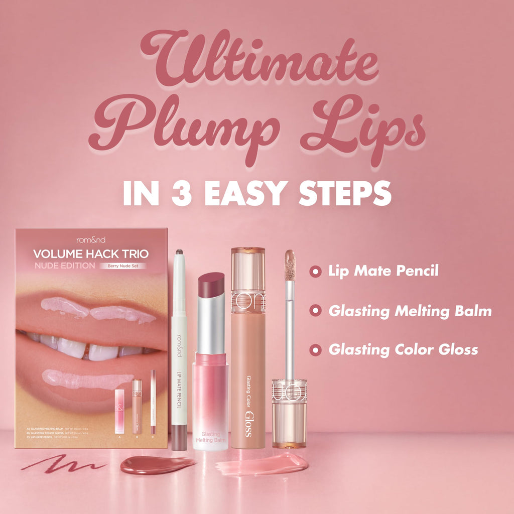 rom&nd Volume Hack Trio | 3-Step Plumping Lip Combo Set | Korean Lip Kit | Hydrated & Glossy Look | Trending on TikTok | Fuller Looking Finish | Sweet Fig Set