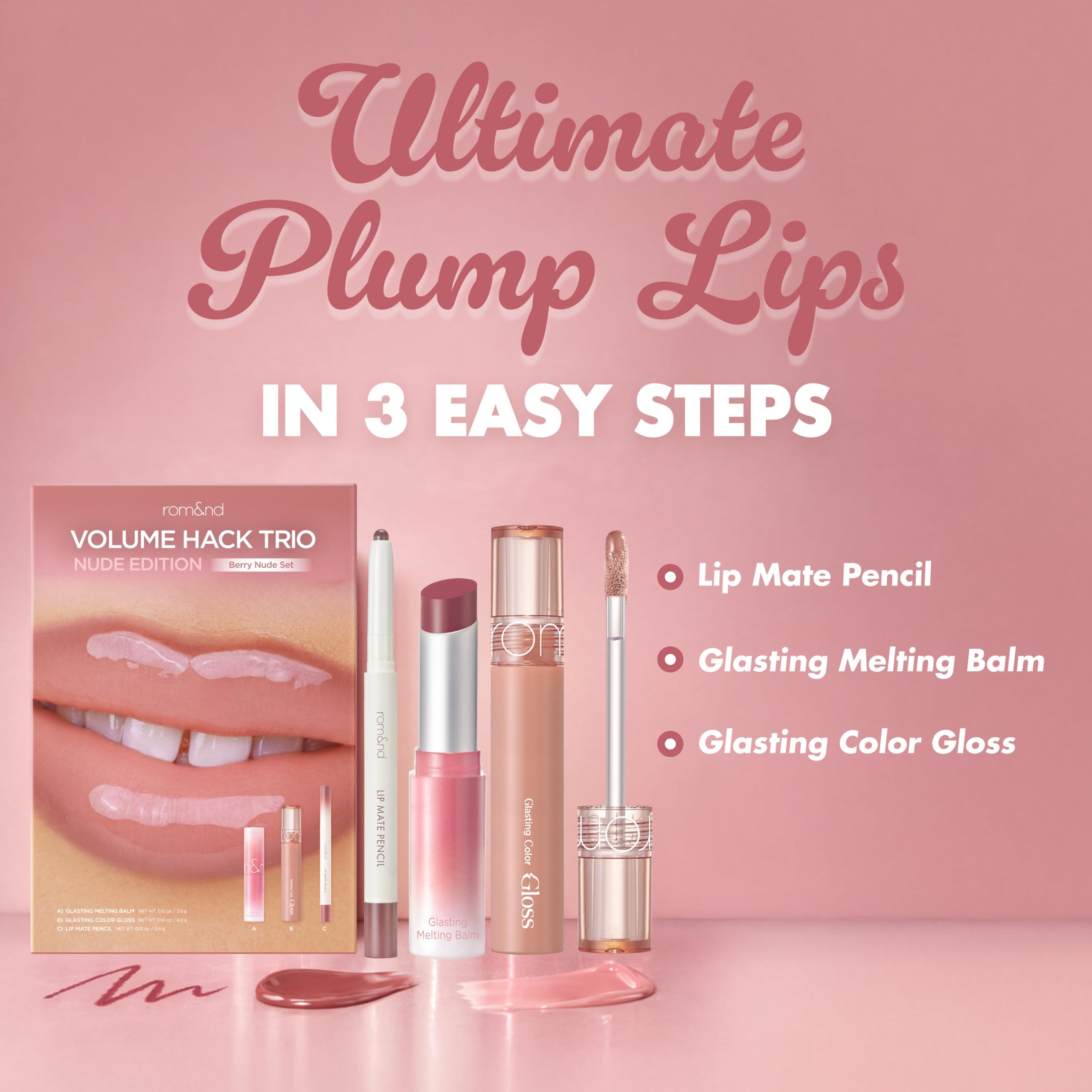 rom&nd Volume Hack Trio | 3-Step Plumping Lip Combo Set | Korean Lip Kit | Hydrated & Glossy Look | Trending on TikTok | Fuller Looking Finish | Sweet Fig Set