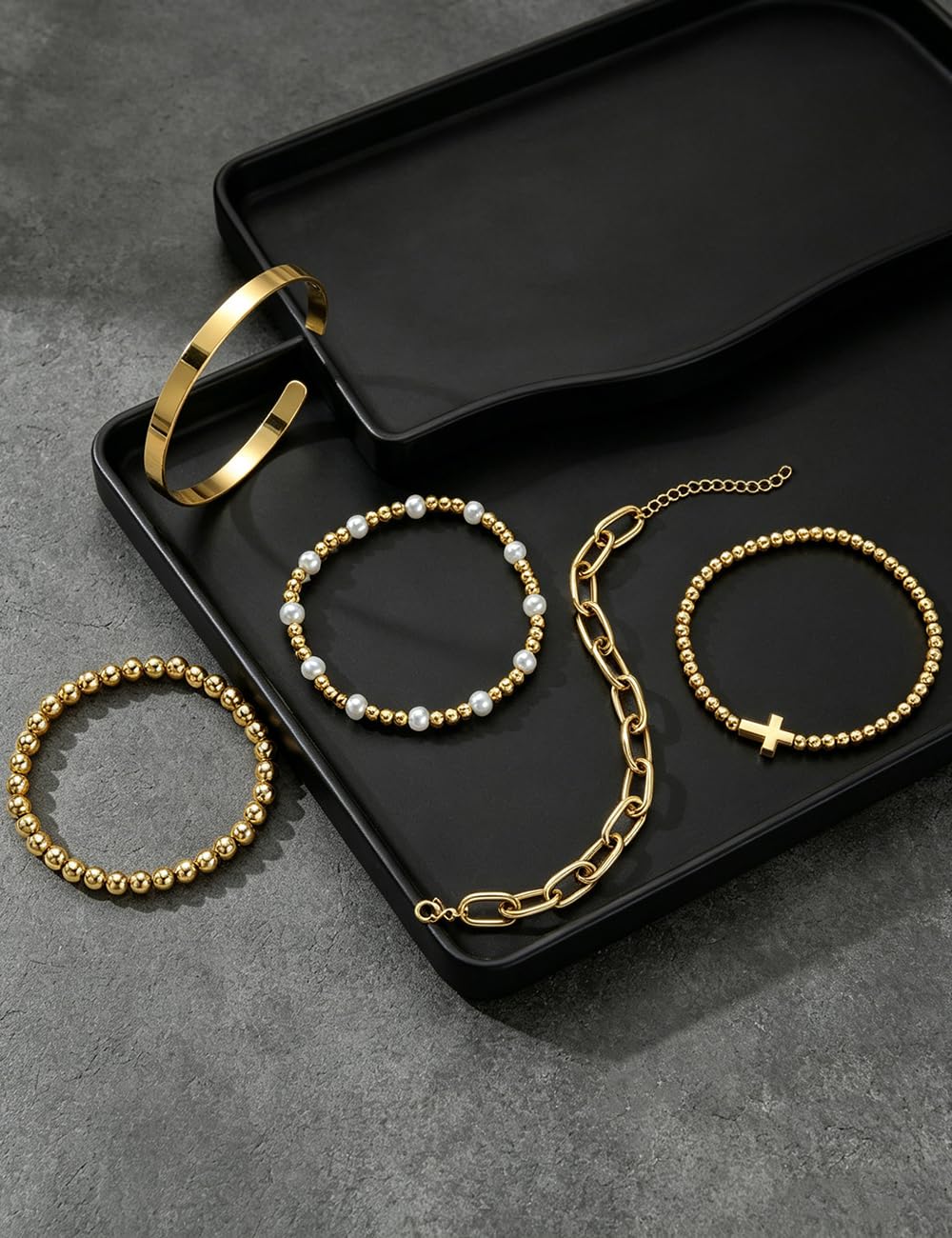 Chunky Gold Bangle Bracelets for Women, Dainty 14k Gold Plated Big Stackable Bangles Set, Trendy Statement Cuff Bracelet Stack Fashion Jewelry Gifts