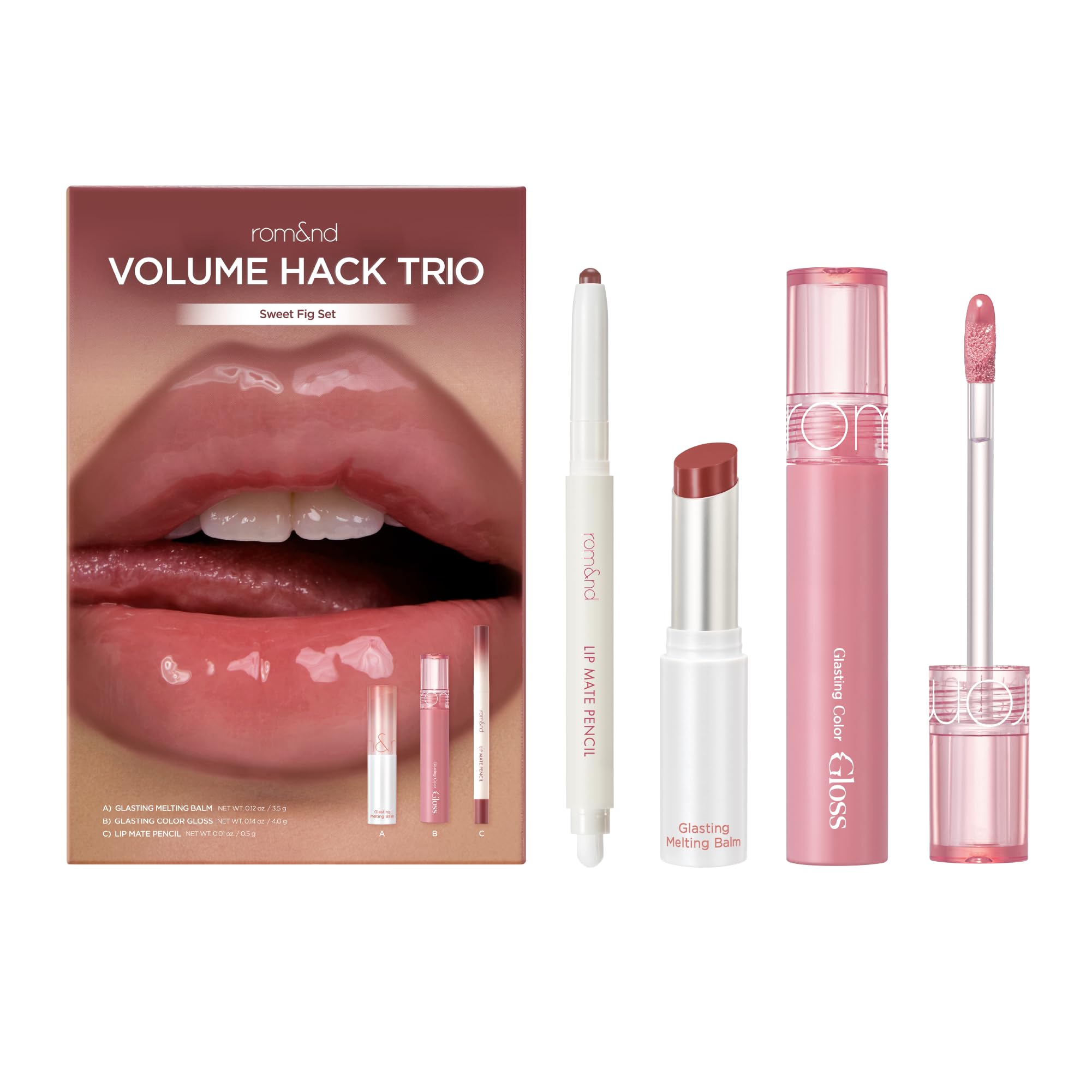 rom&nd Volume Hack Trio | 3-Step Plumping Lip Combo Set | Korean Lip Kit | Hydrated & Glossy Look | Trending on TikTok | Fuller Looking Finish | Sweet Fig Set