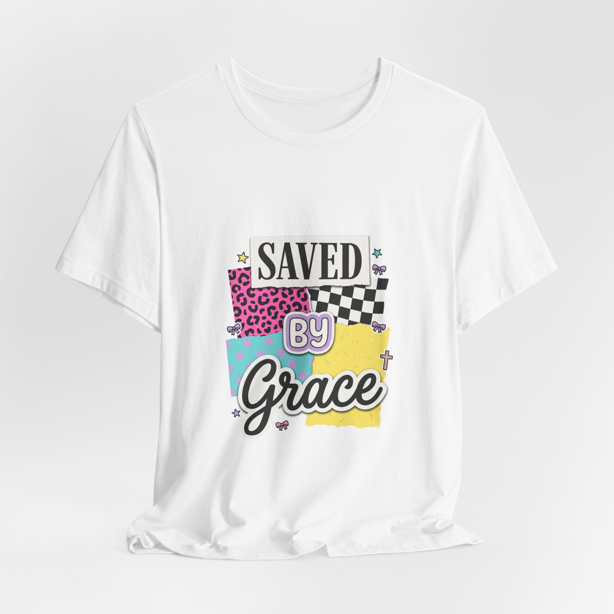 Saved by Grace Tee | Christian Rainbow Script, Playful Mixed-Font Faith Shirt