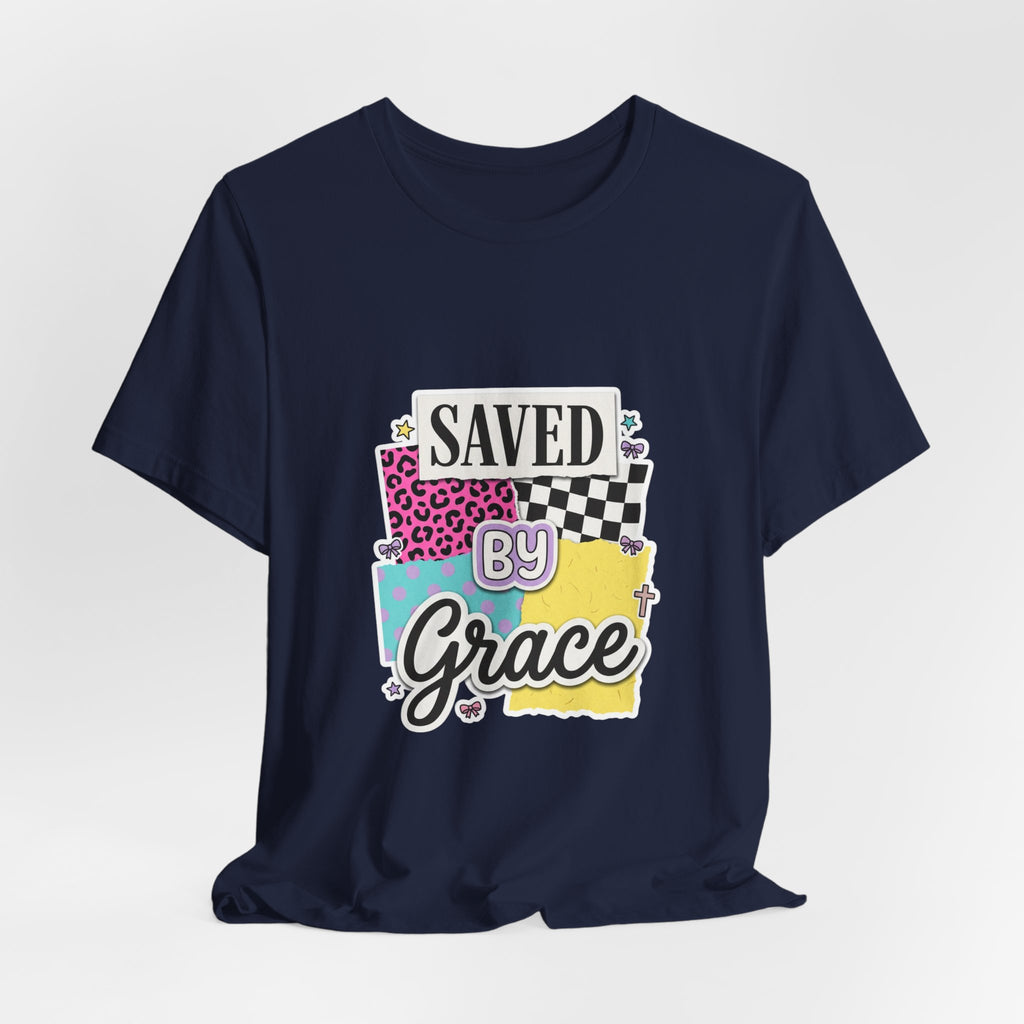 Saved by Grace Tee | Christian Rainbow Script, Playful Mixed-Font Faith Shirt