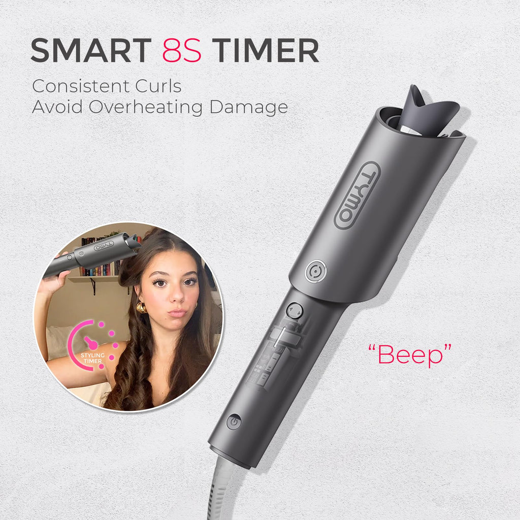 TYMO Automatic Rotating Curling Iron - TYMO CURLPRO Beach Waves Curling Wand, Portable Hair Curler, 500 Million Ionic, Dual Voltage & Lightweight for Travel, Ceramic Coating, 1 1/4 Inch, Metallic Gray