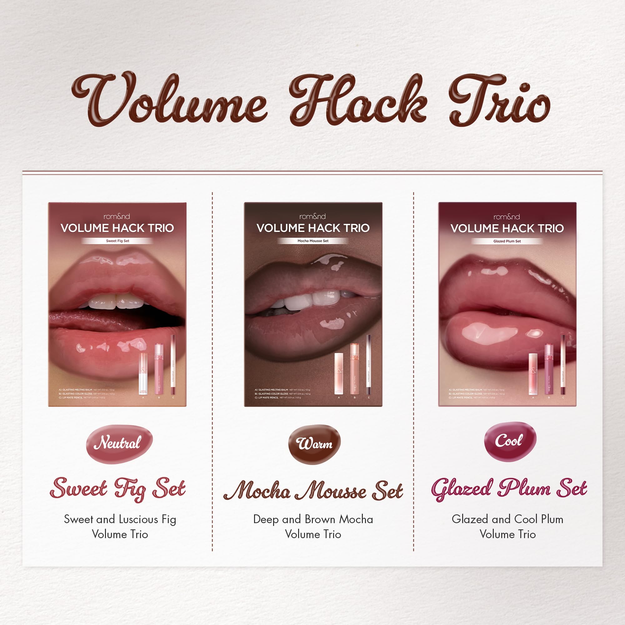 rom&nd Volume Hack Trio | 3-Step Plumping Lip Combo Set | Korean Lip Kit | Hydrated & Glossy Look | Trending on TikTok | Fuller Looking Finish | Sweet Fig Set