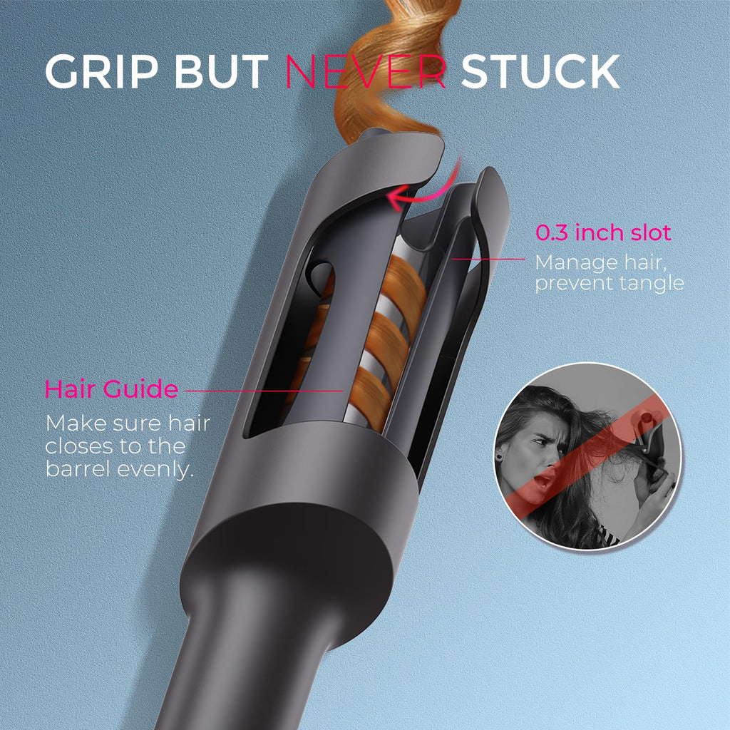 TYMO Automatic Rotating Curling Iron - TYMO CURLPRO Beach Waves Curling Wand, Portable Hair Curler, 500 Million Ionic, Dual Voltage & Lightweight for Travel, Ceramic Coating, 1 1/4 Inch, Metallic Gray